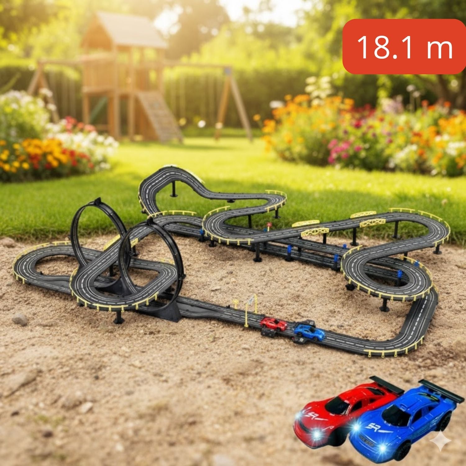 Circuit électrique Voitures 3D Double Niveau – Rails Acier, Clip, Ligne Départ Lumineuse, Dès 6 Ans | ArcSpeed3D by TrioNest™