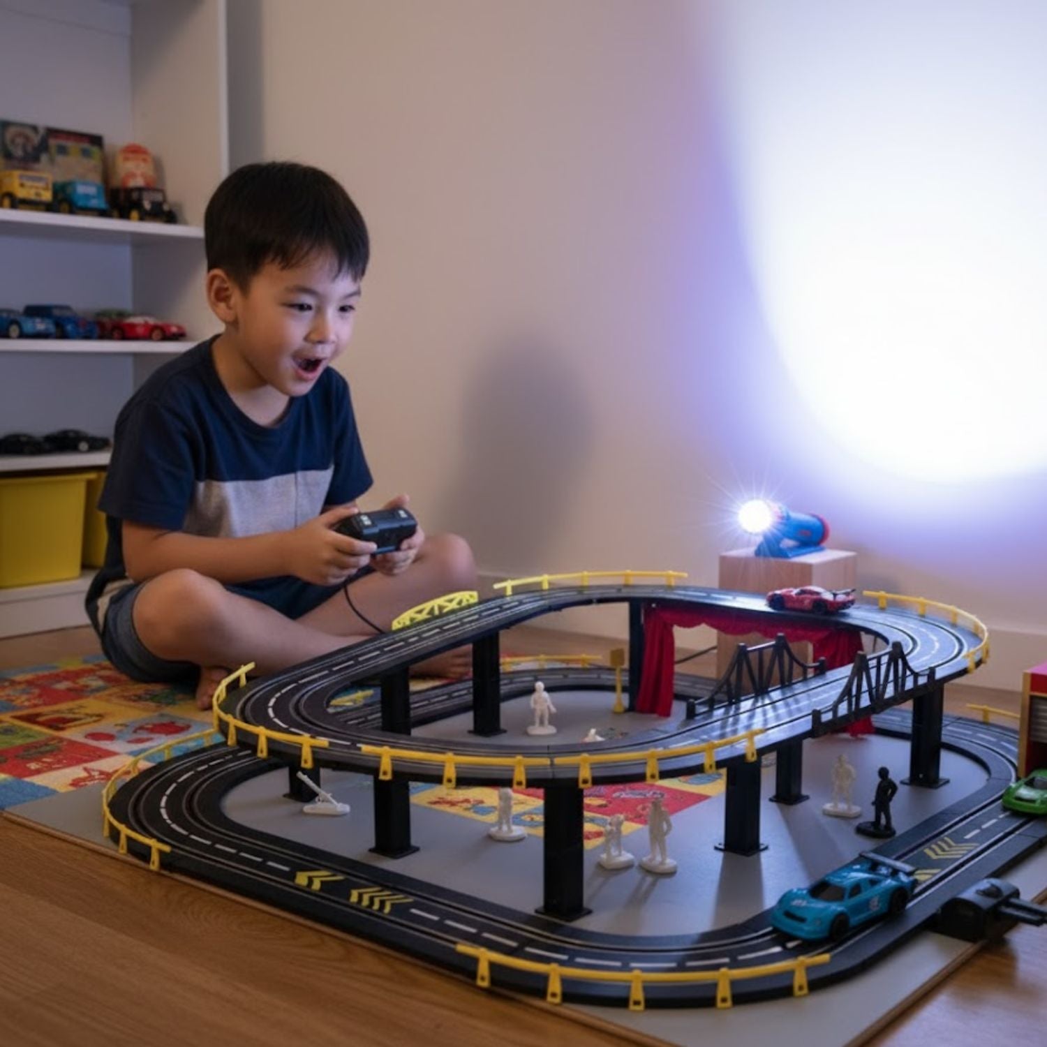 Circuit électrique Voitures 3D Double Niveau – Rails Acier, Clip, Ligne Départ Lumineuse, Dès 6 Ans | ArcSpeed3D by TrioNest™