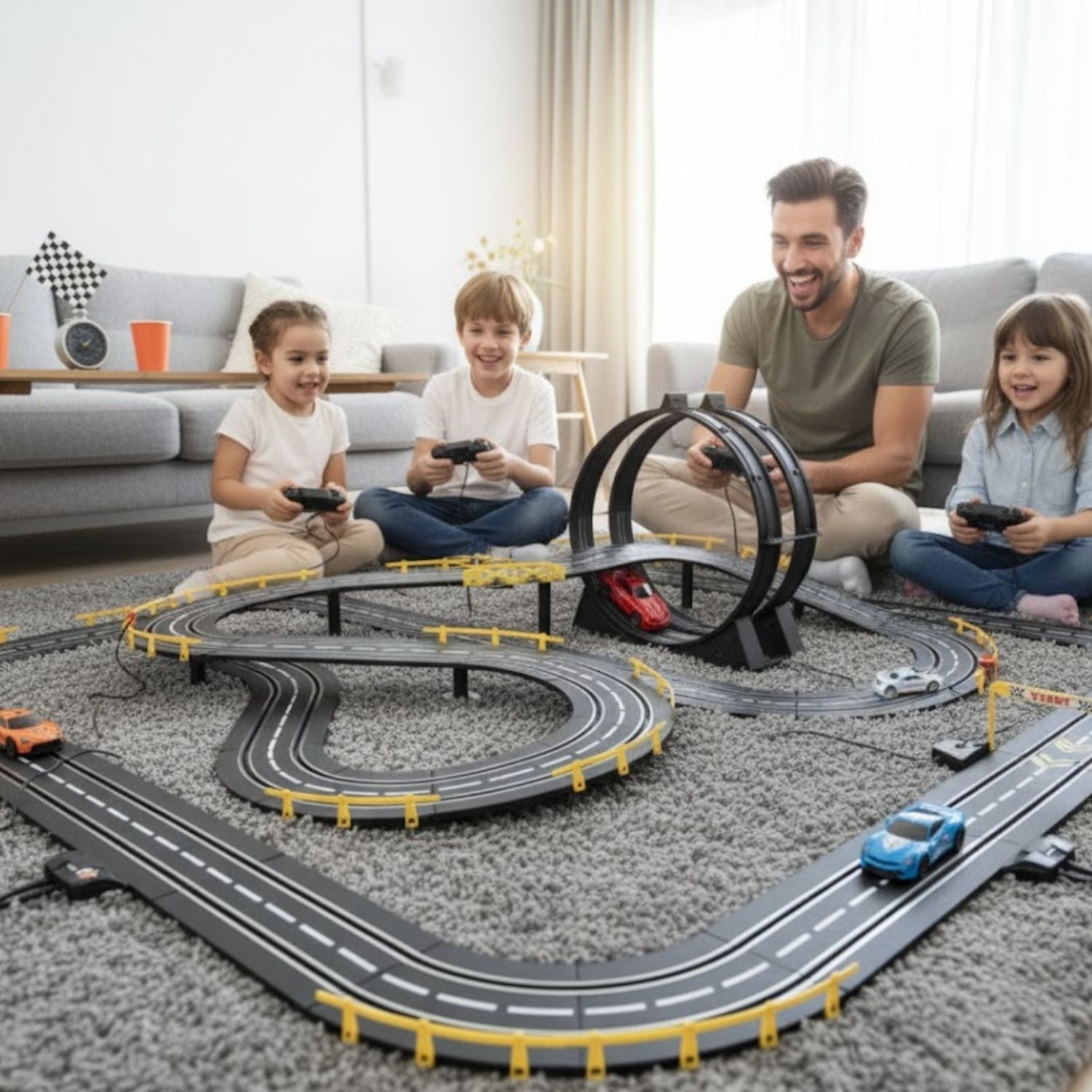 Circuit électrique Voitures 3D Double Niveau – Rails Acier, Clip, Ligne Départ Lumineuse, Dès 6 Ans | ArcSpeed3D by TrioNest™