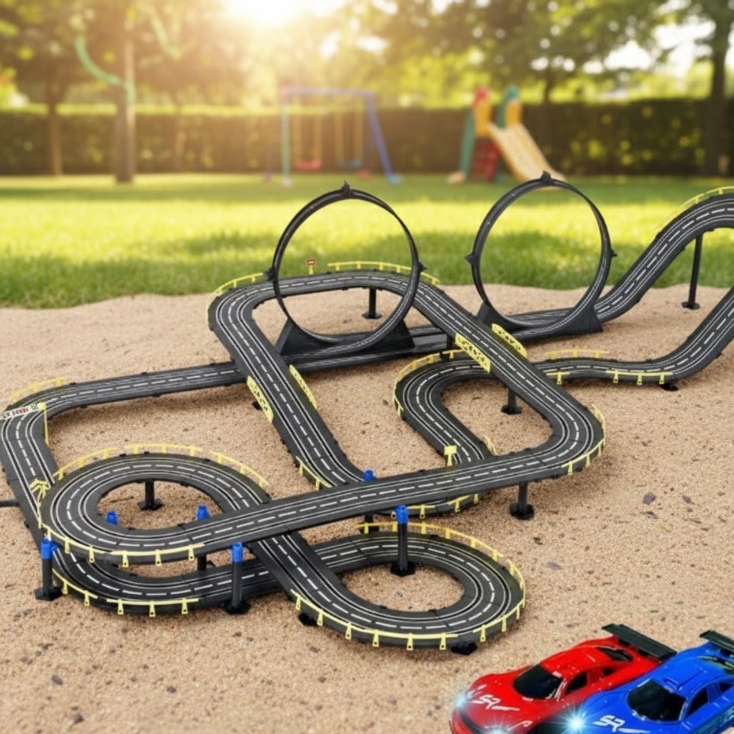 Circuit électrique Voitures 3D Double Niveau – Rails Acier, Clip, Ligne Départ Lumineuse, Dès 6 Ans | ArcSpeed3D by TrioNest™