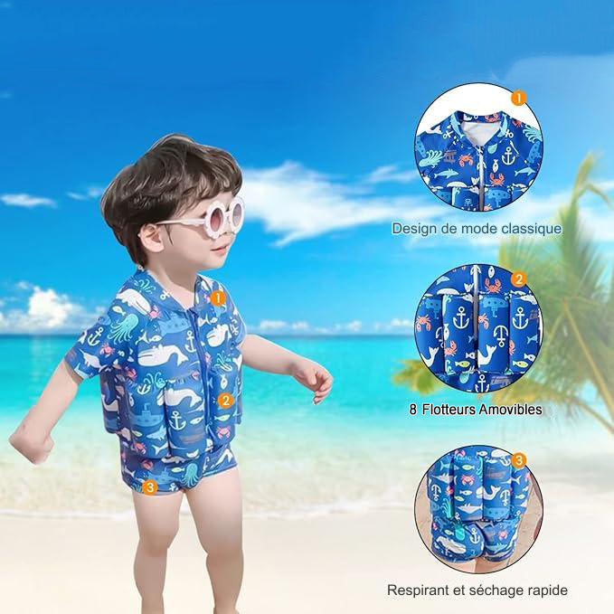 Combinaison de Bain Flottante Enfant TrioNest™ AQUAGLIDE™ | 8 Flotteurs EVA Amovibles | Anti-UV | 12 Mois à 6 Ans