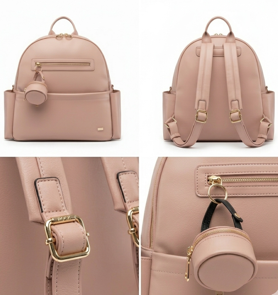 Sac à Dos à Langer Cuir Rose Poudré - Design Chic & Féminin - Imperméable avec Attaches Poussette Incluses | TrioNest™ Élite