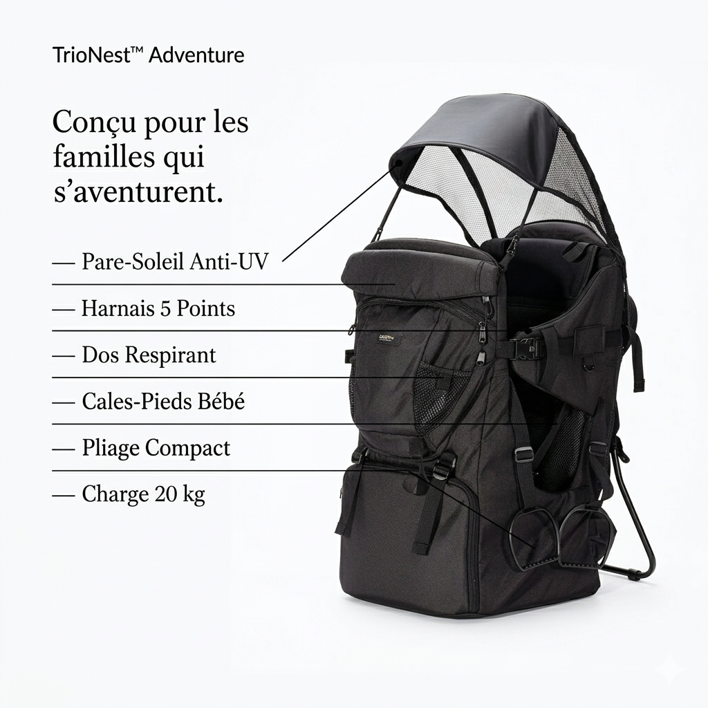 Porte-Bébé Randonnée & Voyage - Châssis Ultra-Léger & Confort Dos - Pare-Soleil & Rangement Intégré | TrioNest Adventure