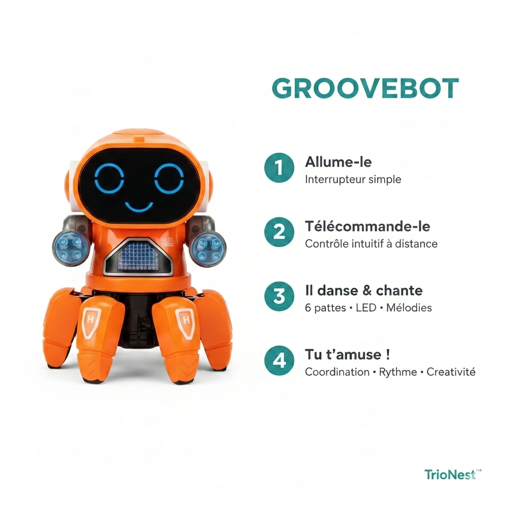 Robot Dansant LED Musical Télécommande 6 Pattes Enfant 3-12 Ans GROOVEBOT – TrioNest™
