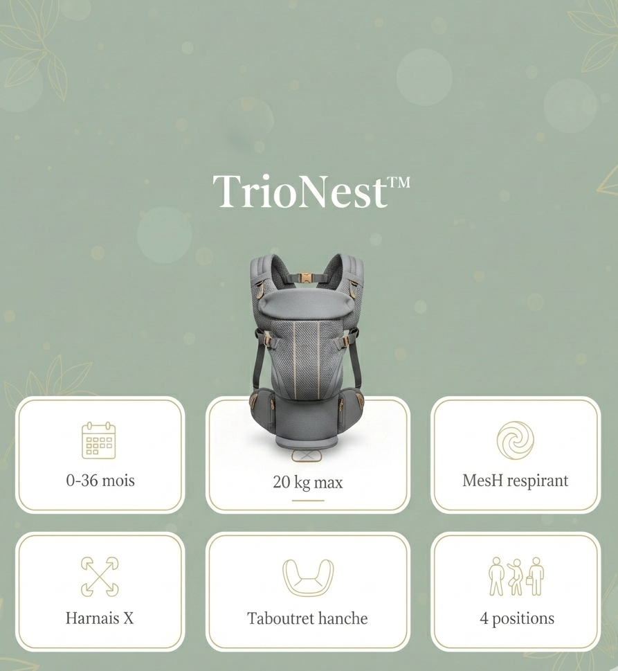 Porte-Bébé Physiologique avec Tabouret - Soutien Lombaire & Assise 30° - Confort Ergonomique 6-en-1 | TrioNest Air-Comfort