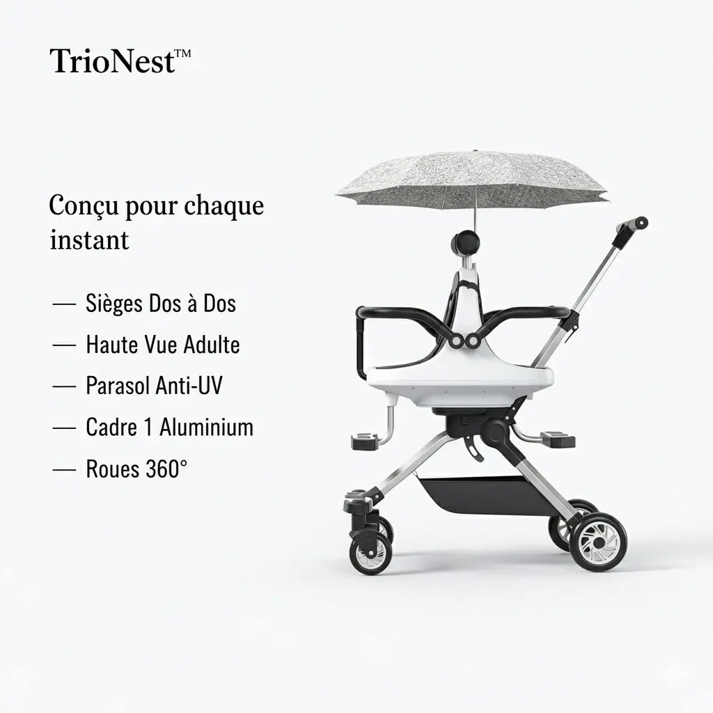 Poussette Double Tandem Dos à Dos – Parasol Anti-UV, Cadre Alu, Pliage 1 Bouton, Roues 360°, Jumeaux & Fratrie | TrioNest™ TrioNest