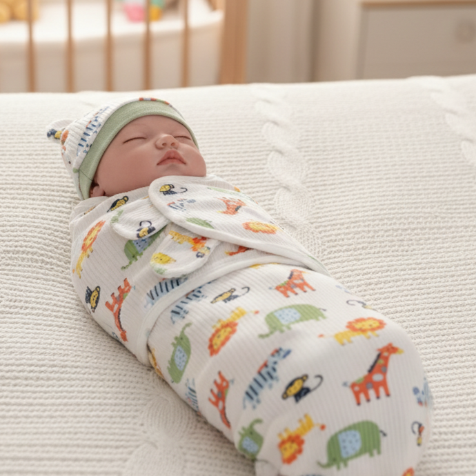 Newborn Baby Sleeping Bag FirstNight — Breathable Hypoallergenic Cotton, 5 Designs, Adjustable Fasteners, 0-3 Months | TrioNest™