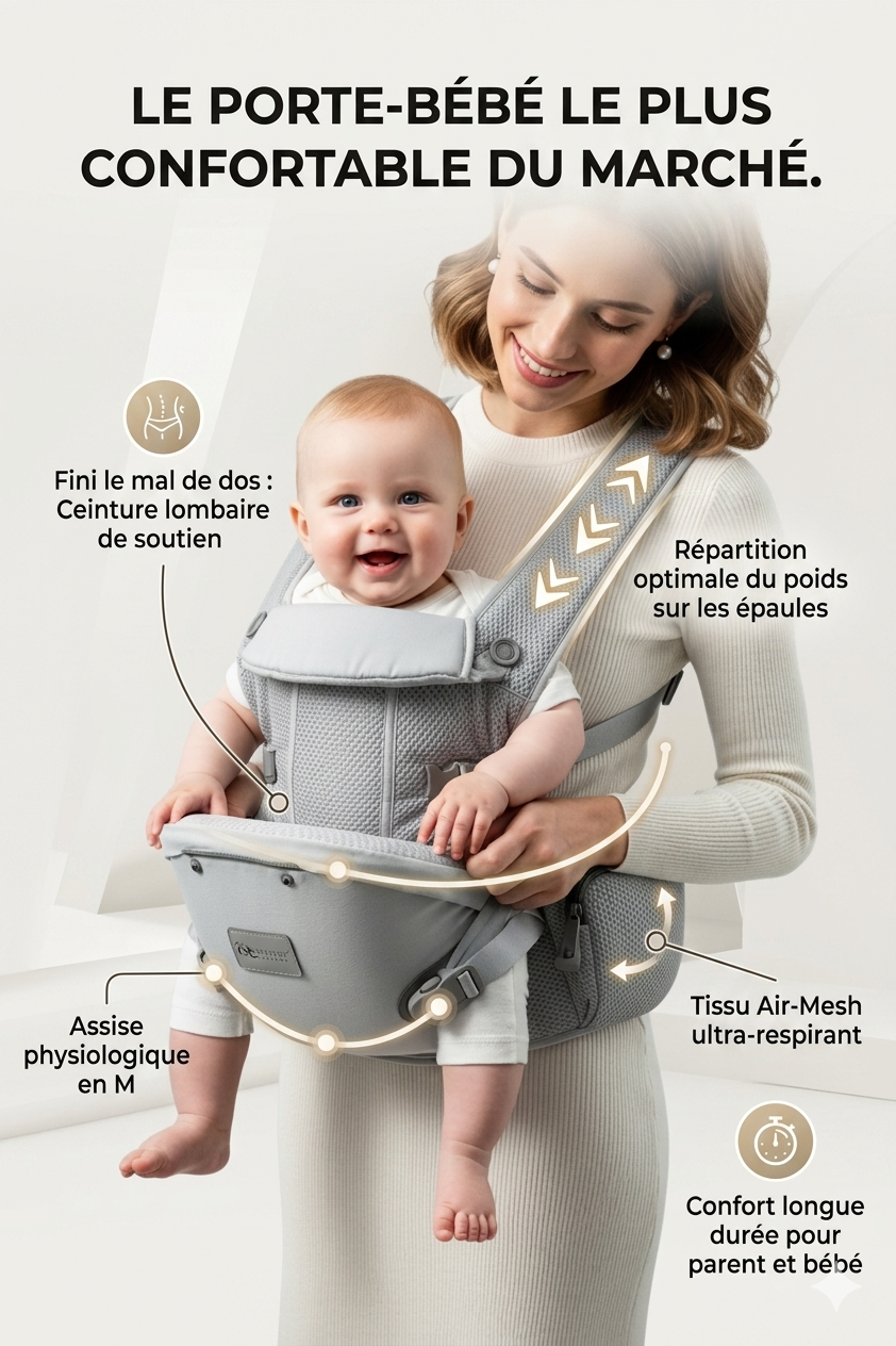 Porte-Bébé Physiologique avec Tabouret - Soutien Lombaire & Assise 30° - Confort Ergonomique 6-en-1 | TrioNest Air-Comfort