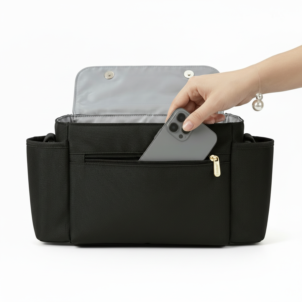 Organisateur de Poussette Universel Noir - Compact & Ultra-Léger - Poche Téléphone Zippée Inclus | TrioNest™ GoGo