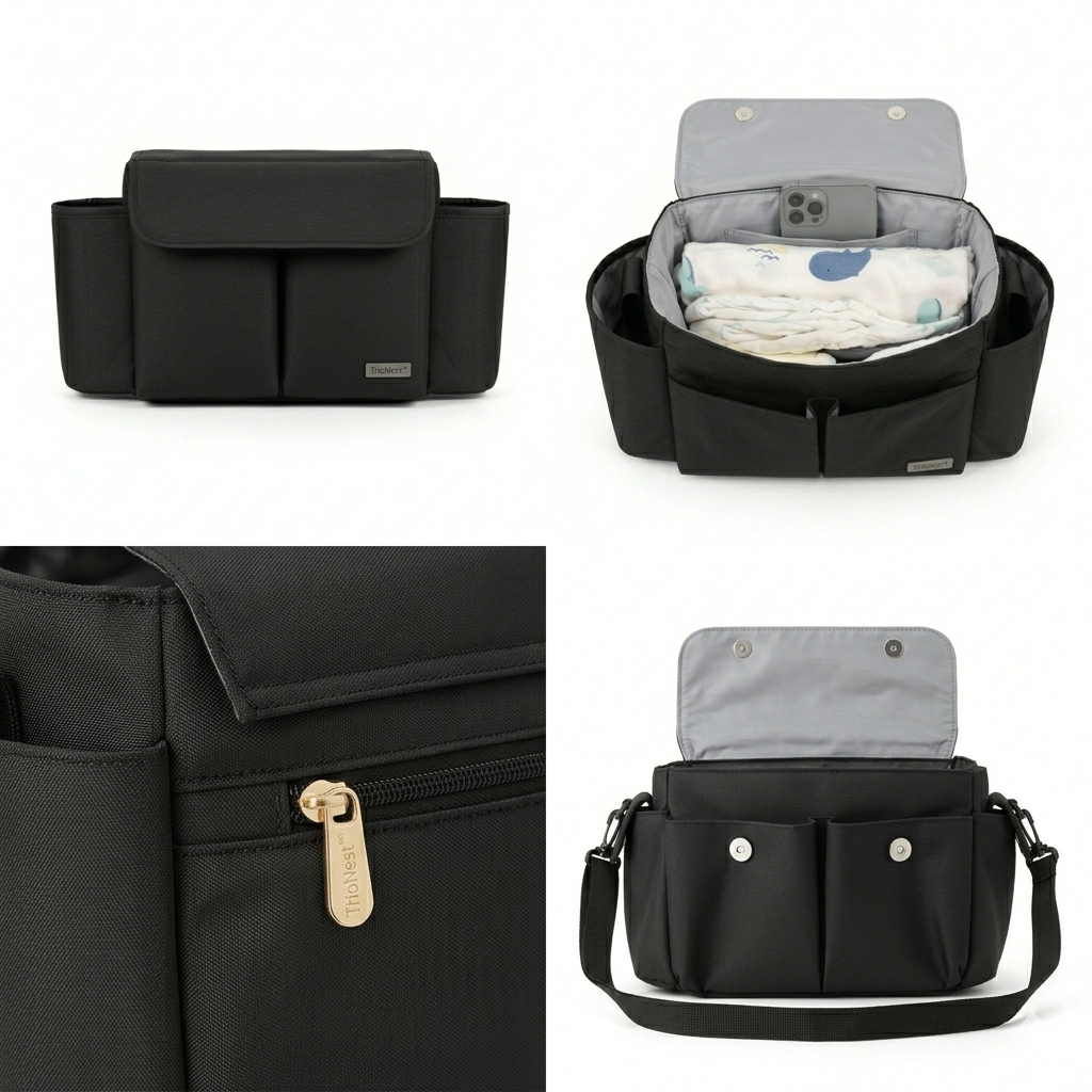 Organisateur de Poussette Universel Noir - Compact & Ultra-Léger - Poche Téléphone Zippée Inclus | TrioNest™ GoGo