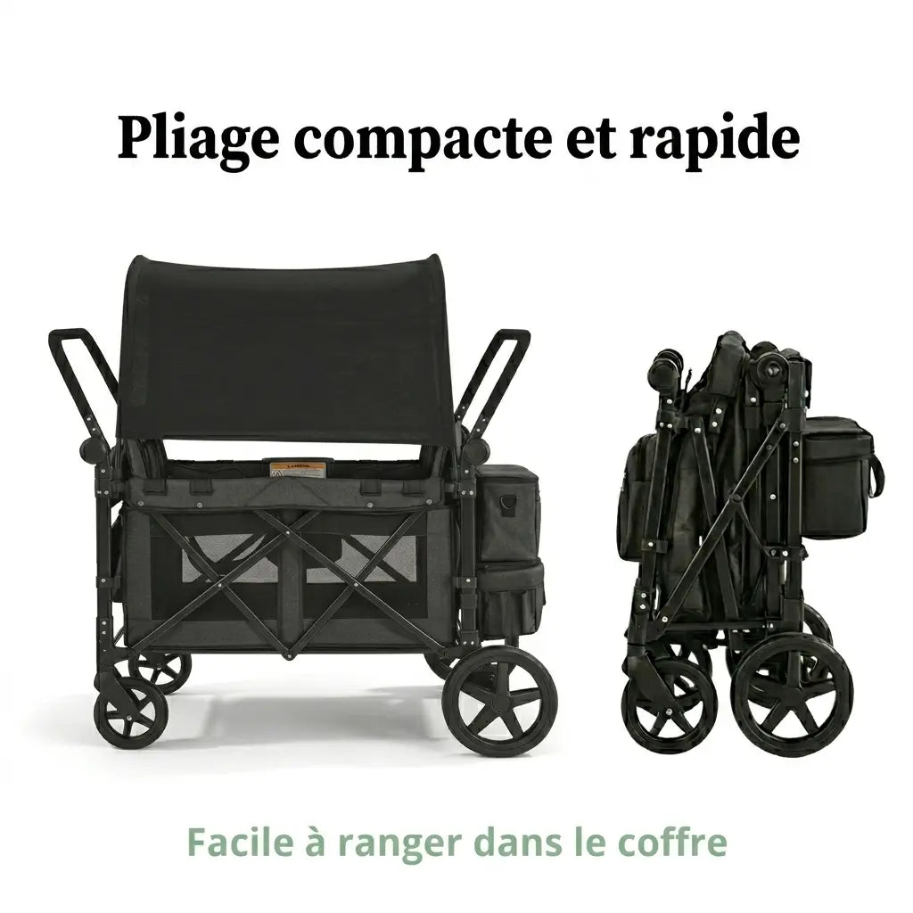 Poussette Wagon 4 Places Tout-Terrain – Harnais 5 Points, 150 kg, Toit UV, 8 Rangements, Pliable | TrioNest™ Wagon TrioNest™ Poussette 3 en 1