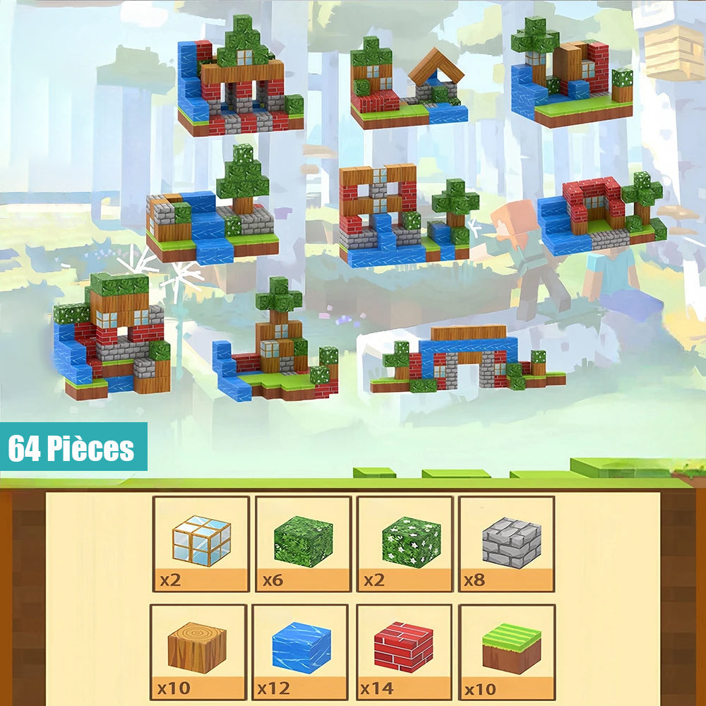 Jeu de Blocs Magnétiques PixelNest – 3D en 15 Min, 64 à 300 Pièces, Créativité | TrioNest™