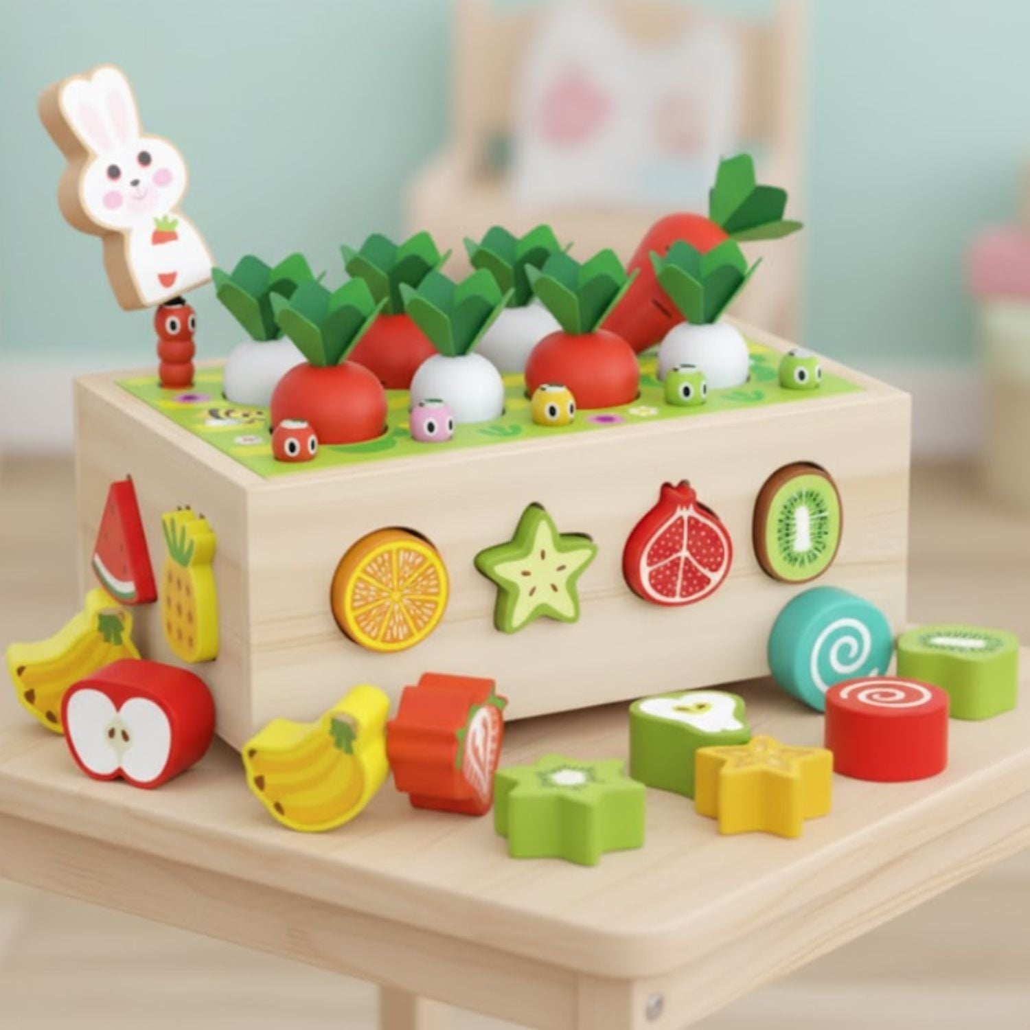 Jeu de Construction 2 Ans – Bois Certifié CE, Carottes & Fruits À Trier, Coffret Roulettes, 1-4 Ans | FarmPlay by TrioNest™