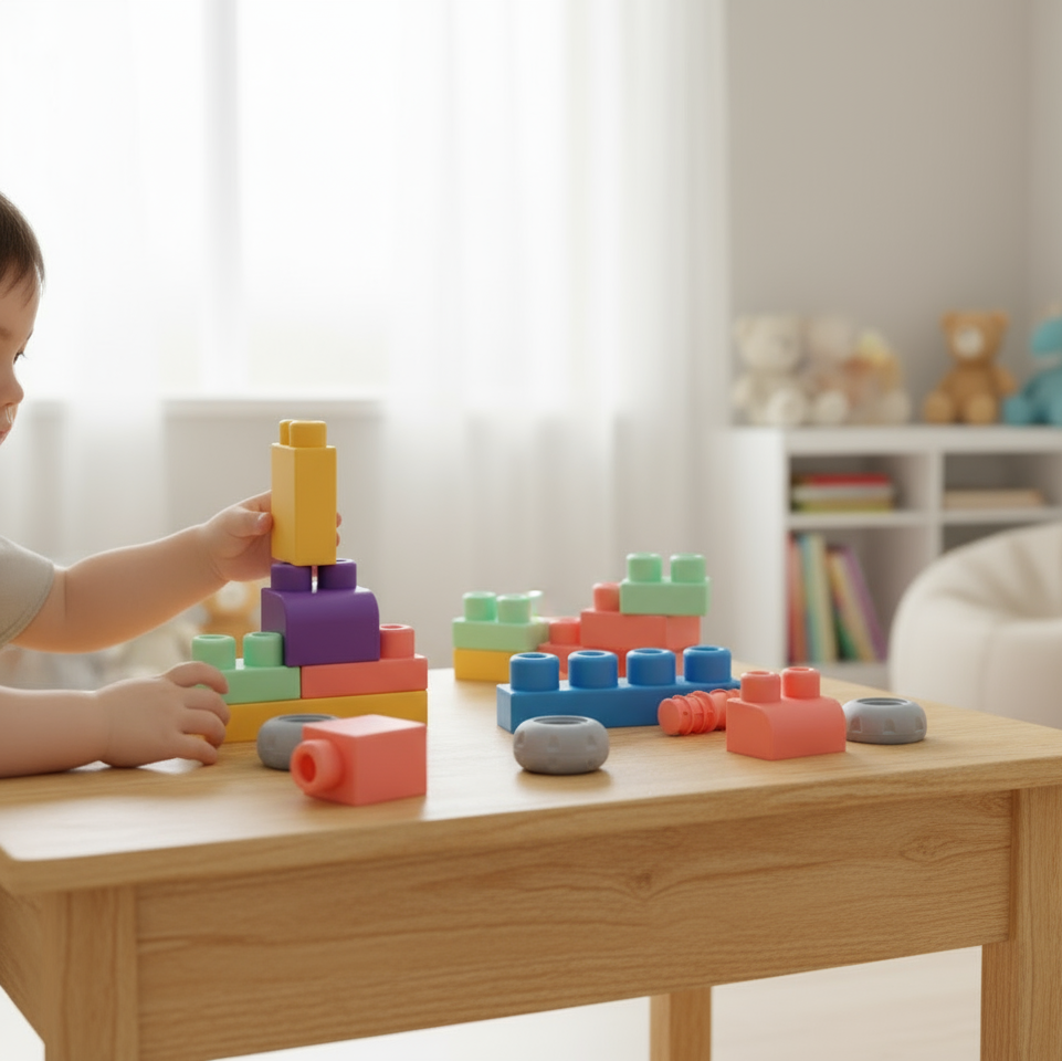 Jeu de Construction Bébé Antichoc FlexBloc – 20 Pièces Silicone TPE, Lavable | TrioNest™