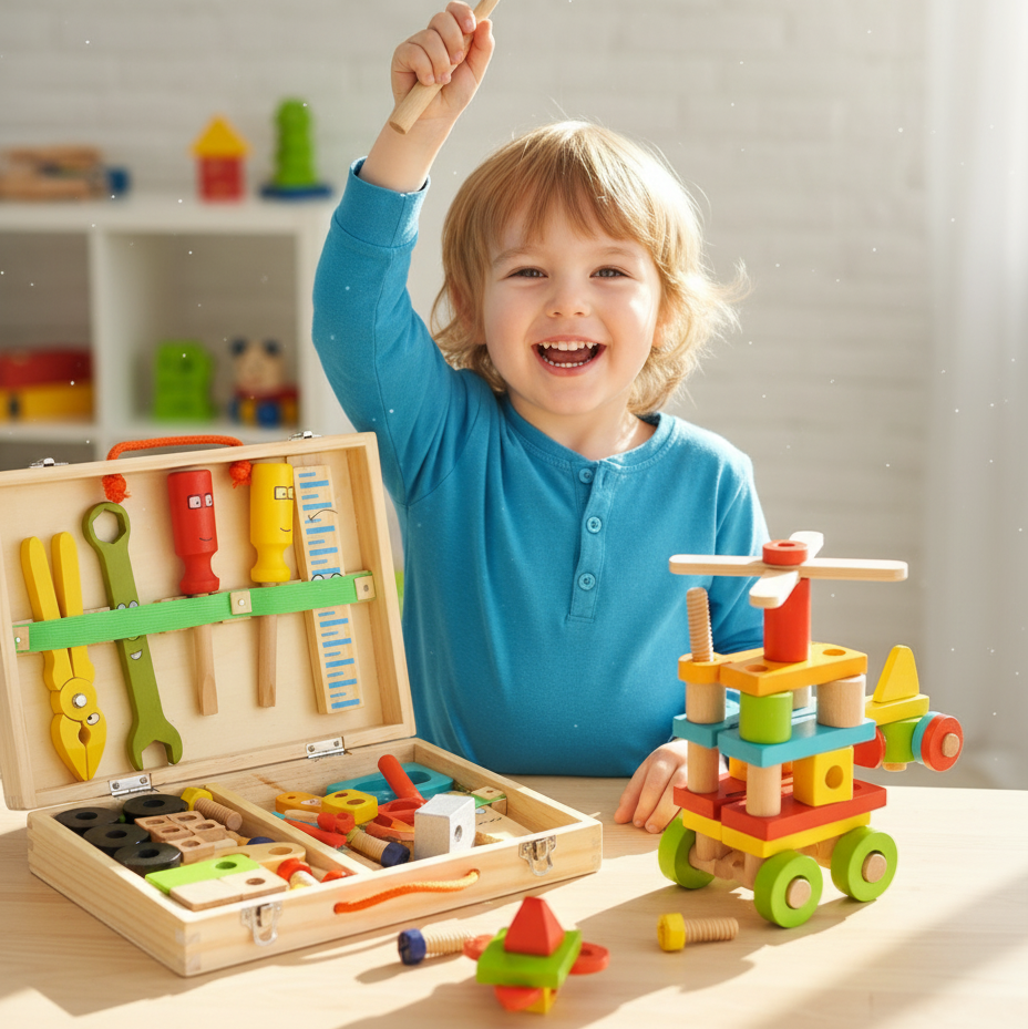 Jeu de Construction Boîte À Outils en Bois Enfants – Marteau, Tournevis, Clé, Bois Naturel, Dès 3 Ans | ToolBox by TrioNest™