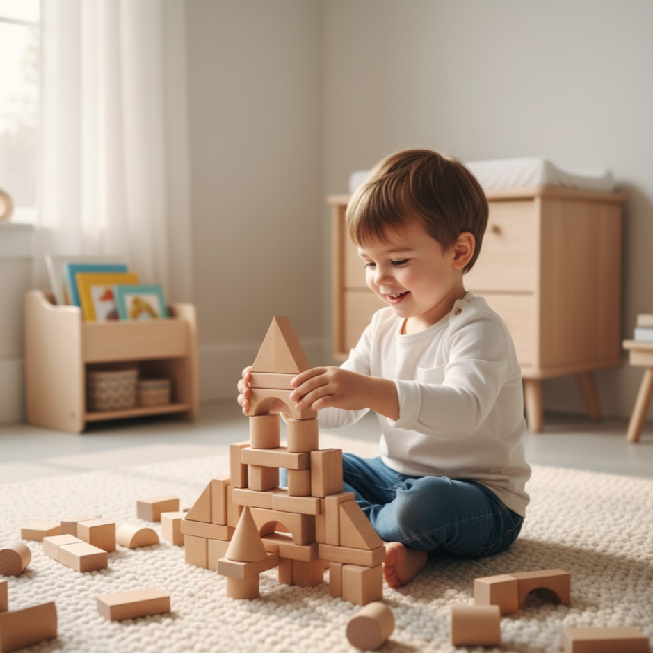 Jeu de Construction en Bois Naturel – 100 Pièces, Hêtre FSC, Seau Rangement, Montessori, Dès 18 Mois | WoodiFun by TrioNest™