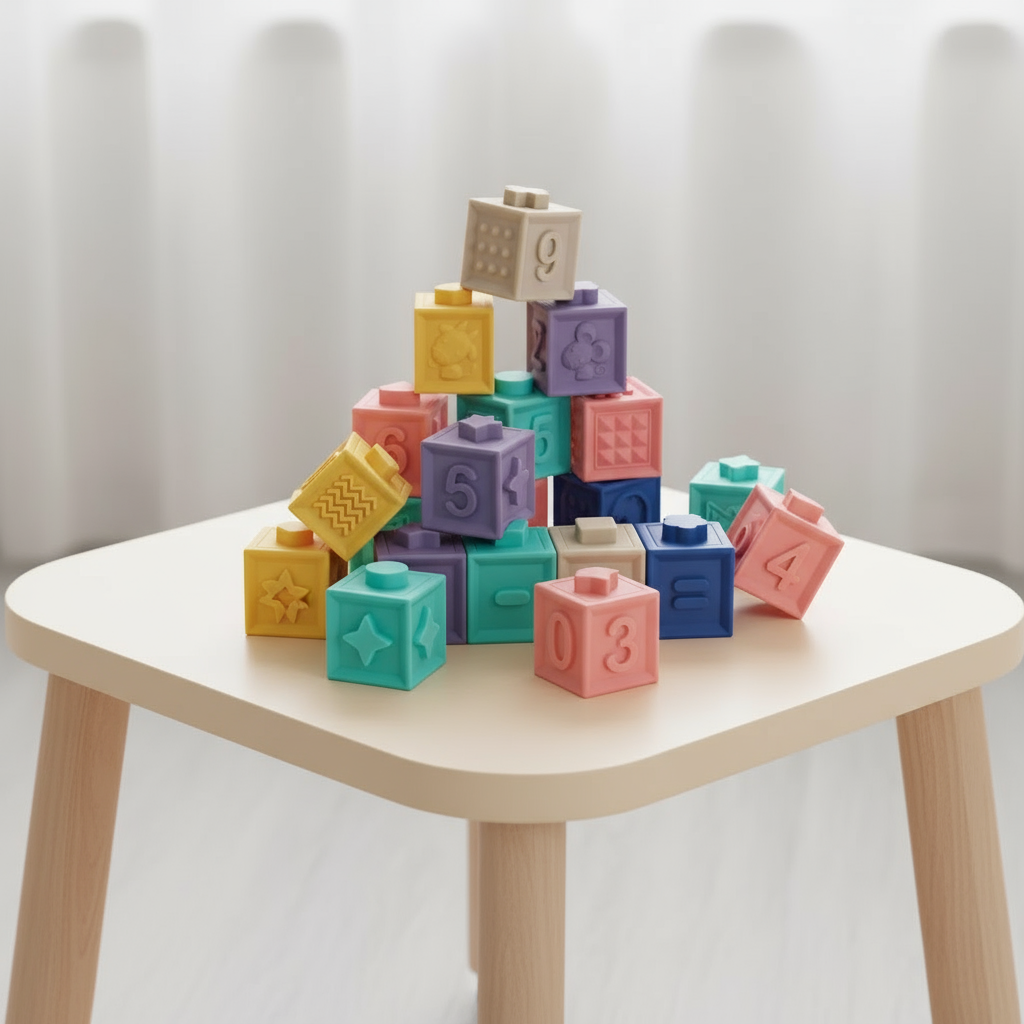 Jeux de Construction Maternelle SoftNest – Silicone TPE, 12 Blocs, Chiffres, Sac | TrioNest™