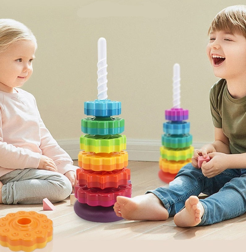 Jouet Empilable Roue Tournante Arc-en-ciel – ABS, Poteau Spirale, Éveil Couleurs | TrioNest™