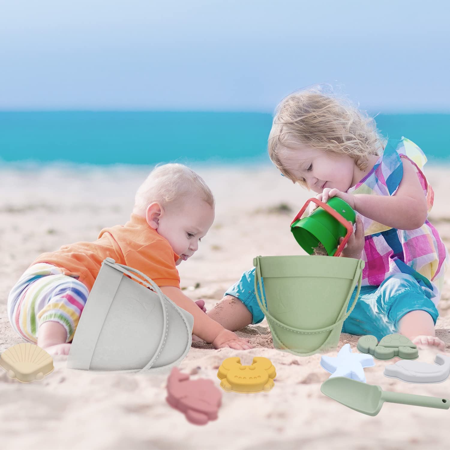 Jouets de Seau de Plage pour Enfants – Silicone, 6 Moules 3D Océan, Pliable | TrioNest™