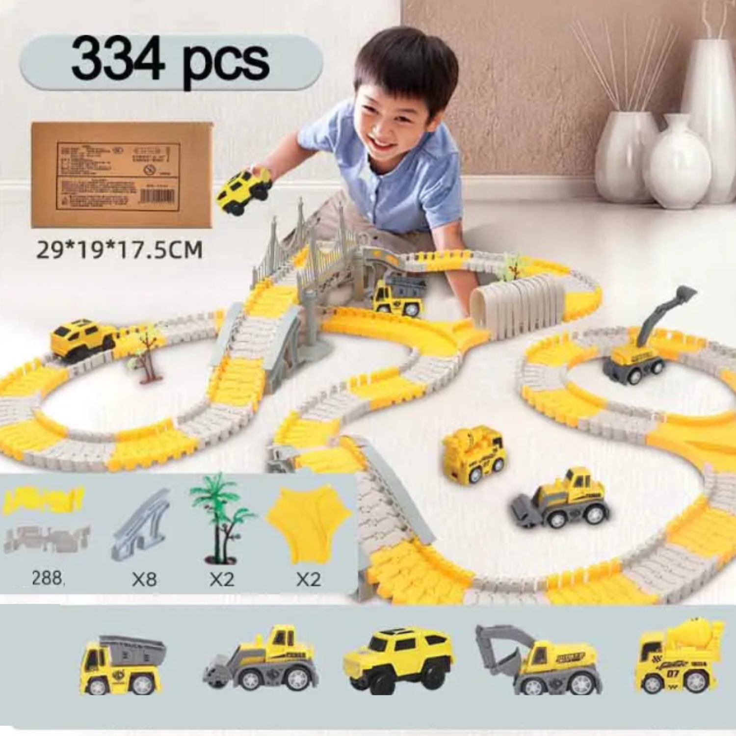 Circuit Multi-Véhicules Chantier – Ponts Modulables, Excavateur, Benne, Chargeuse, ABS CE | BuildTrack by TrioNest™