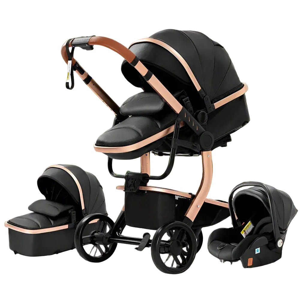 Poussette Bébé Cuir PU LuxeRoll 3 en 1 – Siège Auto, Landau, Roues 360°, 20 kg, CE | TrioNest™