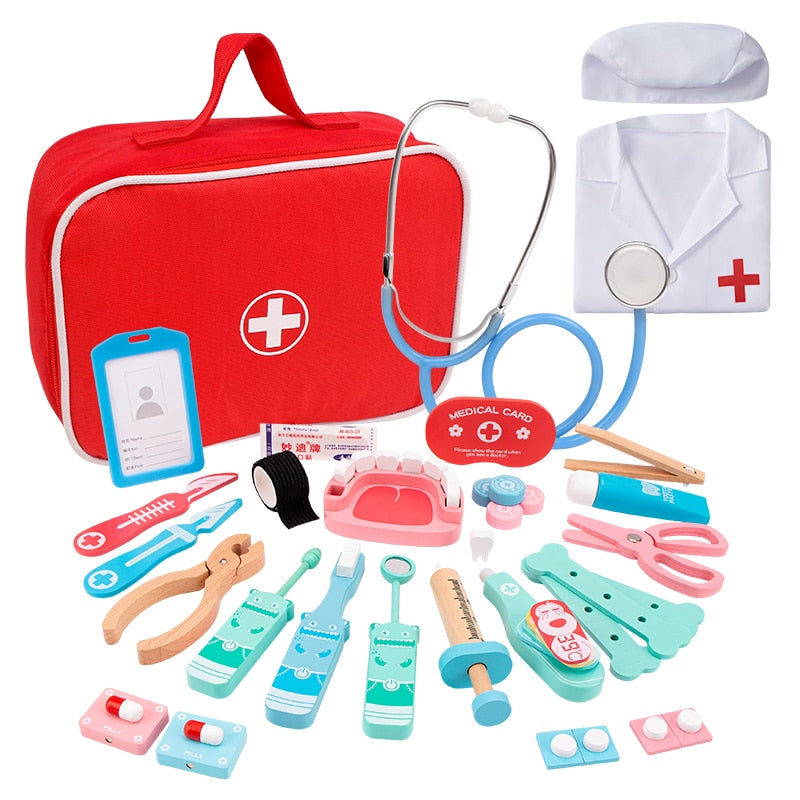 Kit de Médecin pour Enfants – Stéthoscope, Outils Dentaires, Boîte Bois & Sac Tissu, Jeux de Rôle | DoctorKit by TrioNest™
