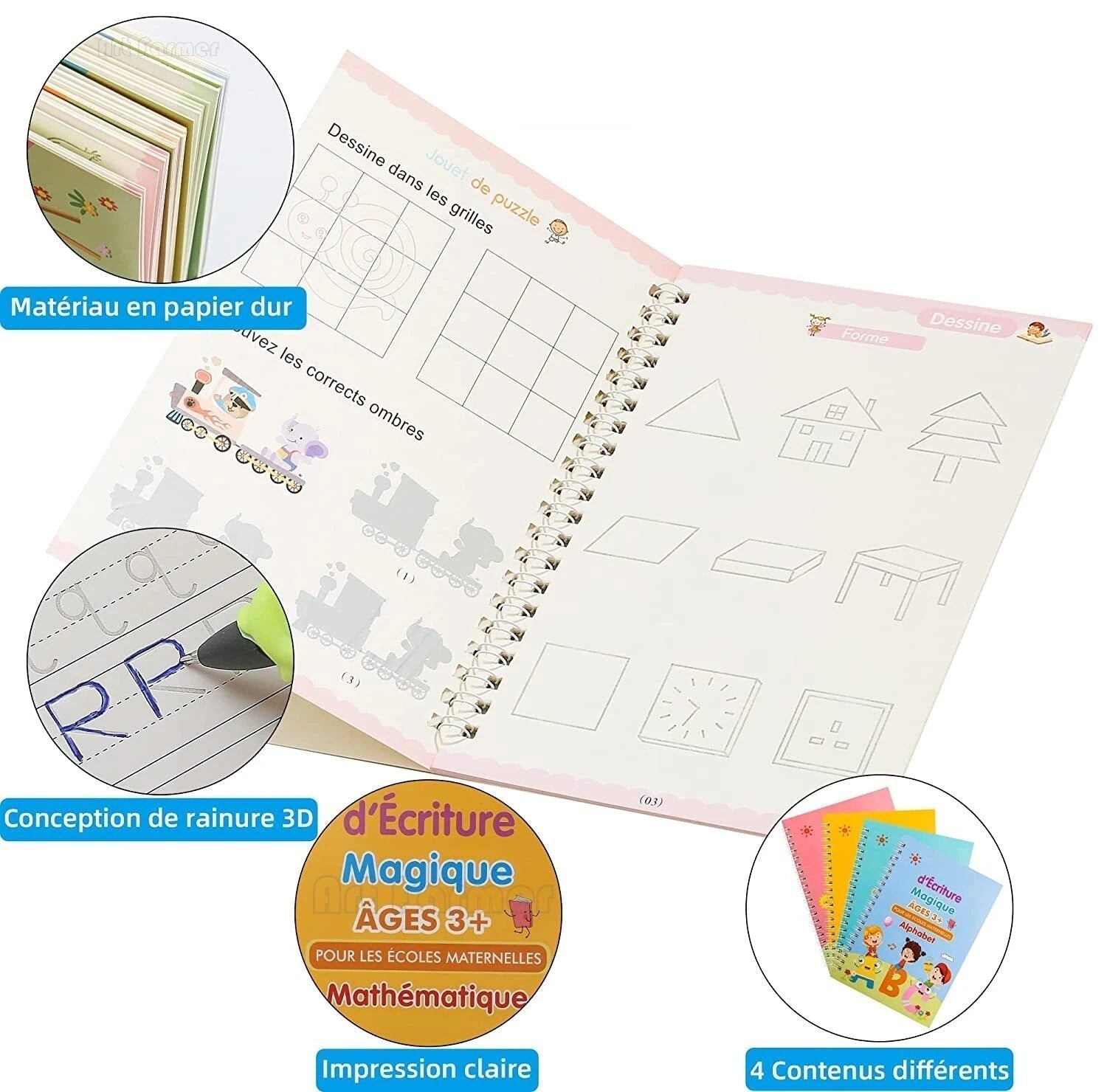 Cahier d'Écriture Magique Réutilisable MagicWrite – 4 Cahiers, Stylo Encre Magique | TrioNest™ mon adorable bebe