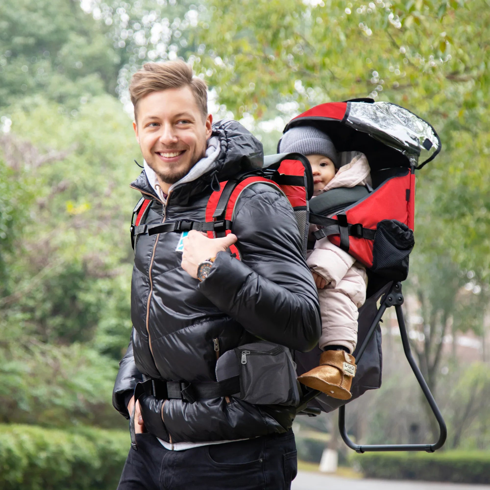 Porte-Bébé Dorsale Toit Étanche TrekNest – Oxford Imperméable, 5 Points, Capuche, 15 kg | TrioNest™