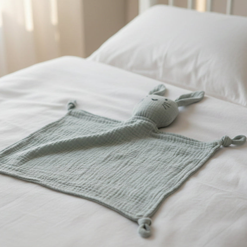 Doudou d'Apaisement Bébé CâlinNest™ – Peluche Motifs Animaux, Coton Bio Doux & Bavoir Intégré 0-12 Mois | TrioNest™