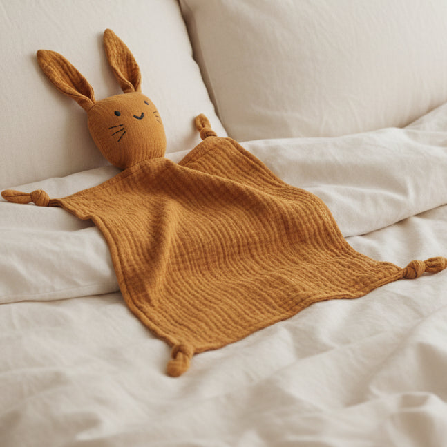 Doudou d'Apaisement Bébé CâlinNest™ – Peluche Motifs Animaux, Coton Bio Doux & Bavoir Intégré 0-12 Mois | TrioNest™