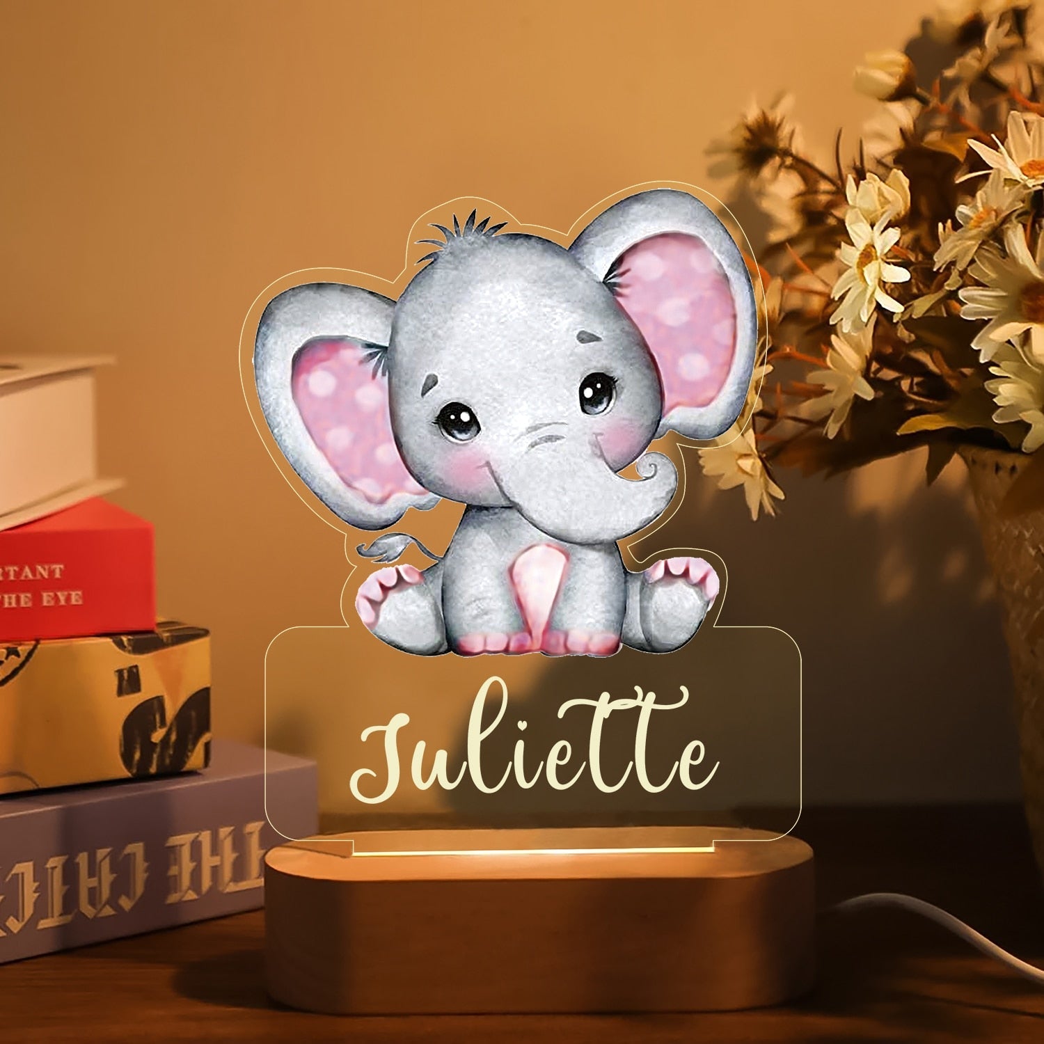Veilleuse Bébé Personnalisée Motifs Animaux – Hologramme 3D, Socle Bois, USB | TrioNest™