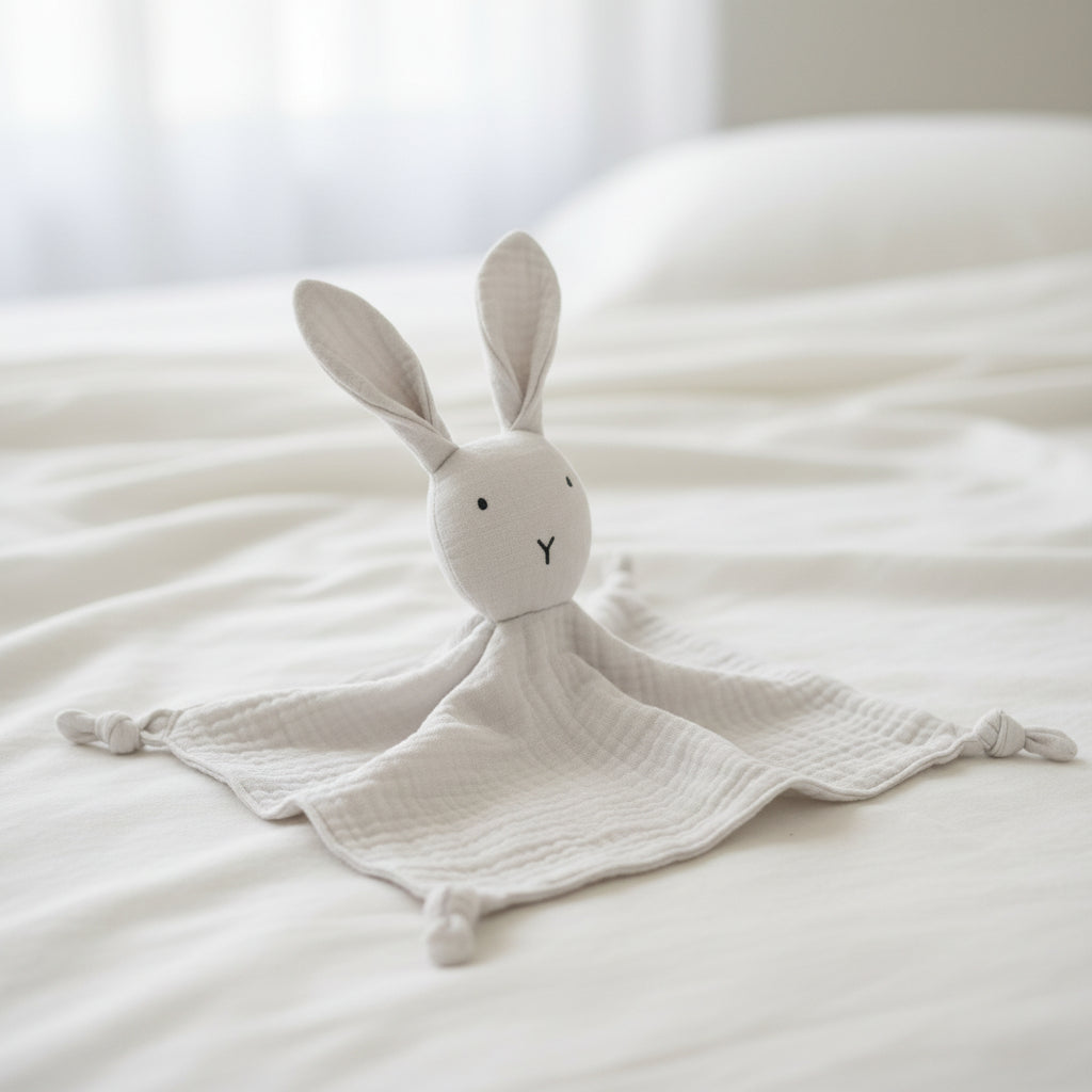 Doudou d'Apaisement Bébé CâlinNest™ – Peluche Motifs Animaux, Coton Bio Doux & Bavoir Intégré 0-12 Mois | TrioNest™