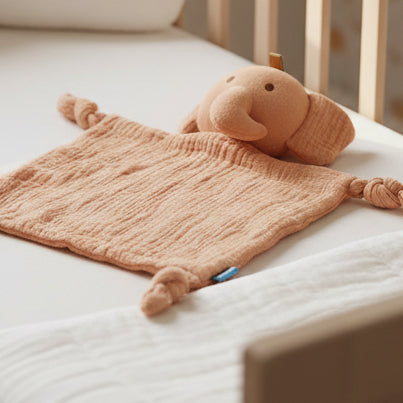 Doudou d'Apaisement Bébé CâlinNest™ – Peluche Motifs Animaux, Coton Bio Doux & Bavoir Intégré 0-12 Mois | TrioNest™