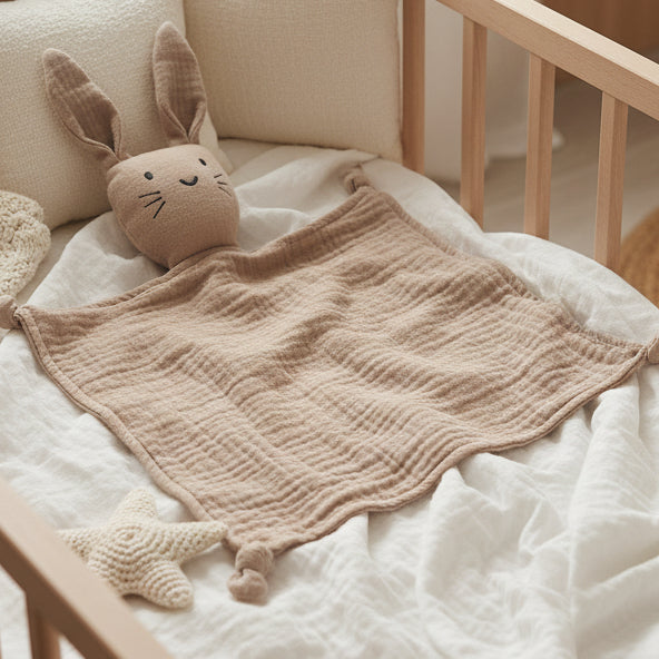 Doudou d'Apaisement Bébé CâlinNest™ – Peluche Motifs Animaux, Coton Bio Doux & Bavoir Intégré 0-12 Mois | TrioNest™