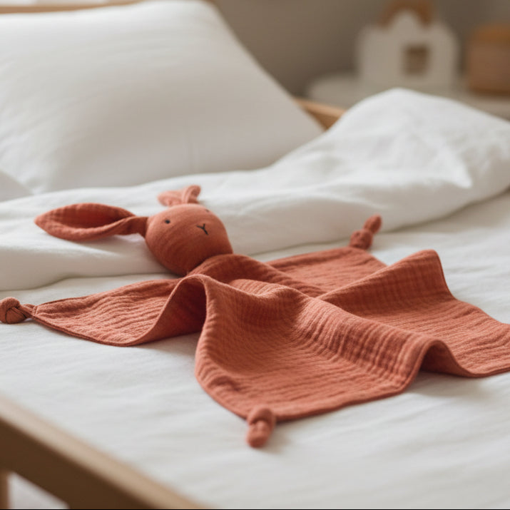 Doudou d'Apaisement Bébé CâlinNest™ – Peluche Motifs Animaux, Coton Bio Doux & Bavoir Intégré 0-12 Mois | TrioNest™