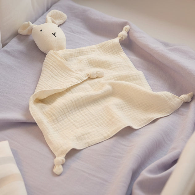 Doudou d'Apaisement Bébé CâlinNest™ – Peluche Motifs Animaux, Coton Bio Doux & Bavoir Intégré 0-12 Mois | TrioNest™