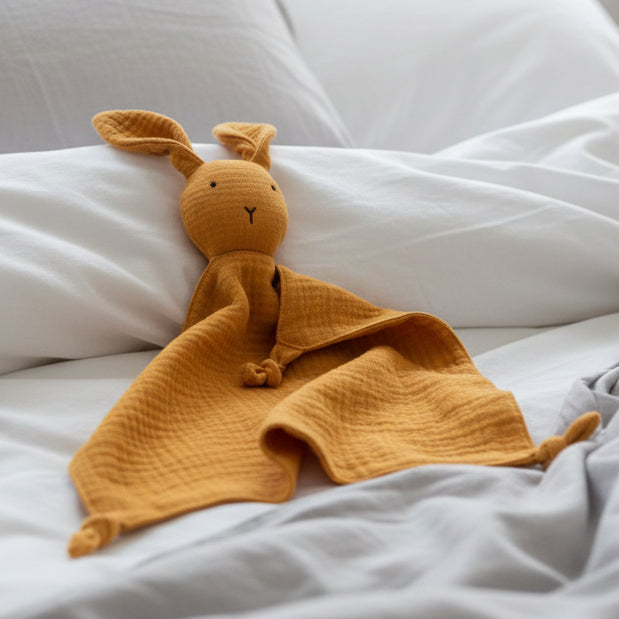 Doudou d'Apaisement Bébé CâlinNest™ – Peluche Motifs Animaux, Coton Bio Doux & Bavoir Intégré 0-12 Mois | TrioNest™