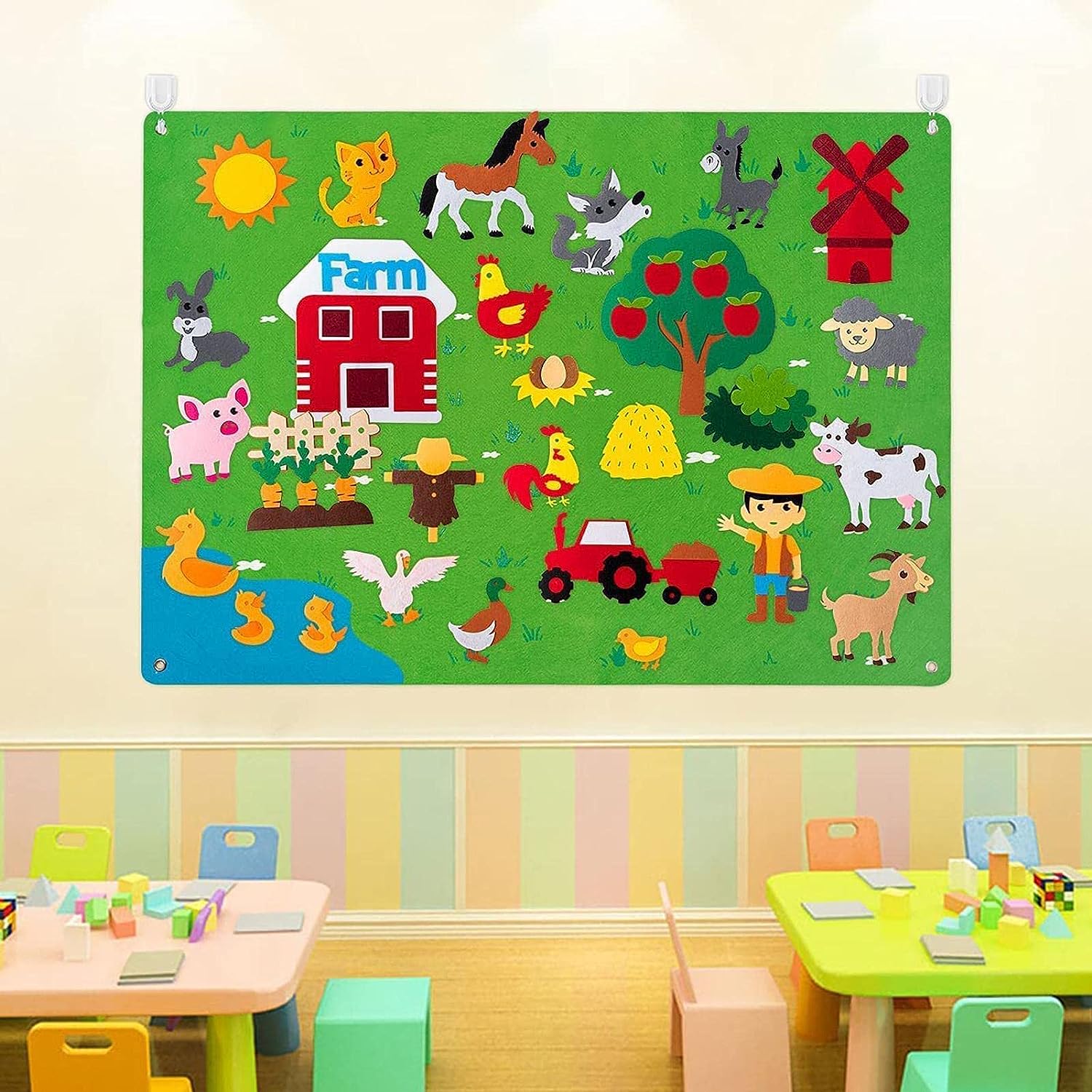 Tableau en Feutre Ferme Enfants – 75x105 cm, Réutilisable, Éveil Animaux, Sans Écran | TrioNest™