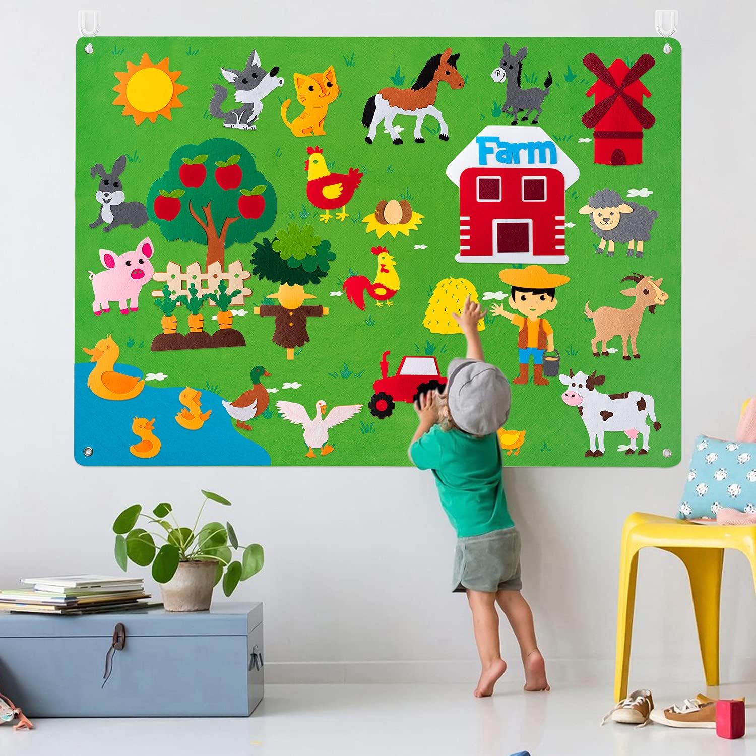 Tableau en Feutre Ferme Enfants – 75x105 cm, Réutilisable, Éveil Animaux, Sans Écran | TrioNest™
