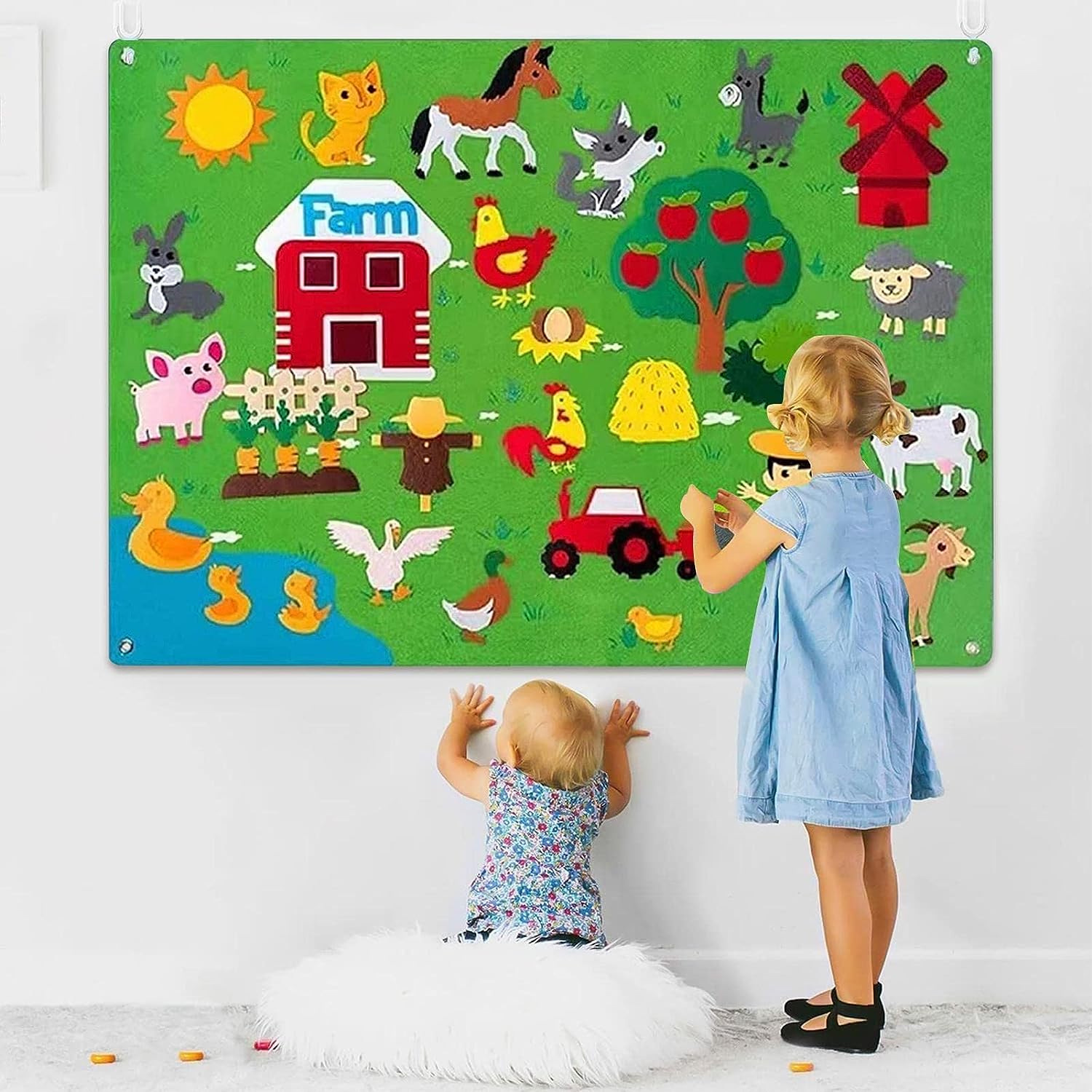 Tableau en Feutre Ferme Enfants – 75x105 cm, Réutilisable, Éveil Animaux, Sans Écran | TrioNest™