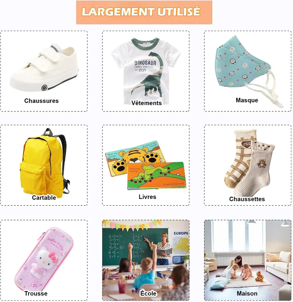 Tampon Personnalisé Bébé Prénom – Résistant Lavage, 4 Motifs, Encre Imperméable, Crèche & École | TrioNest™