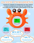 Thermomètre de Bain Bébé Crabe – LED 3 Couleurs, Alarme Sonore, Minuterie, Température Eau & Pièce, Sans BPA | TrioNest™