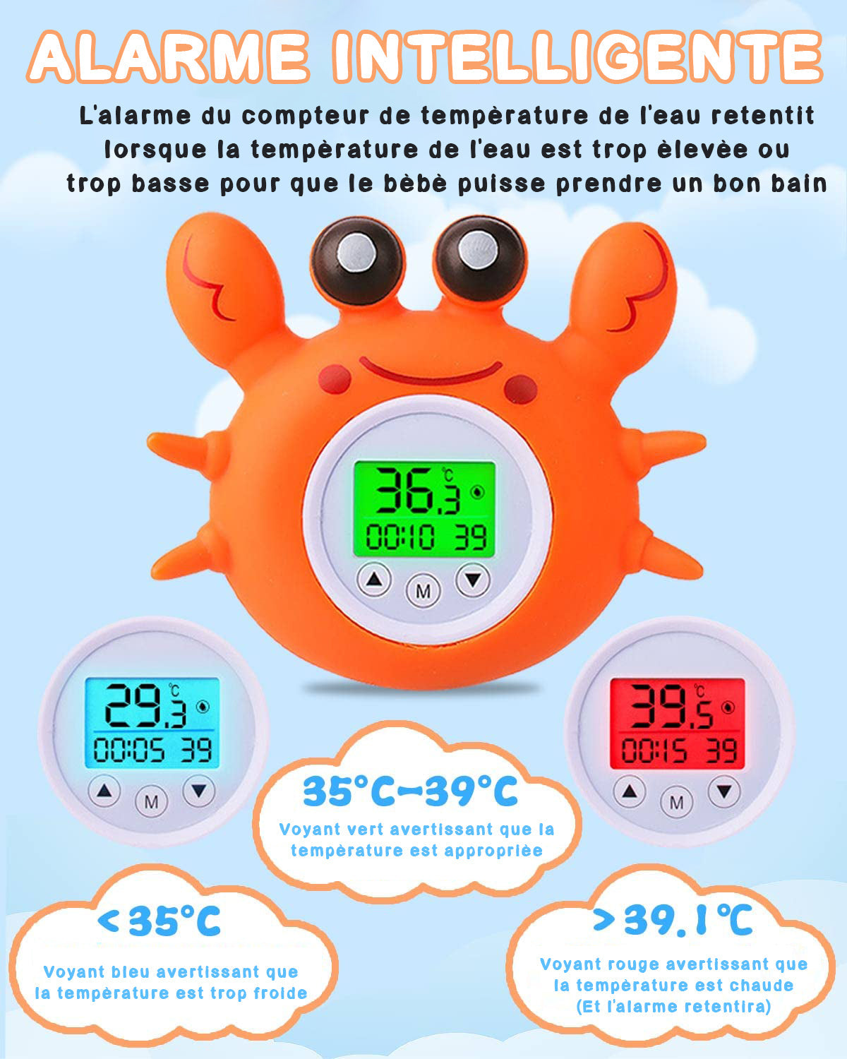 Thermomètre de Bain Bébé Crabe – LED 3 Couleurs, Alarme Sonore, Minuterie, Température Eau & Pièce, Sans BPA | TrioNest™