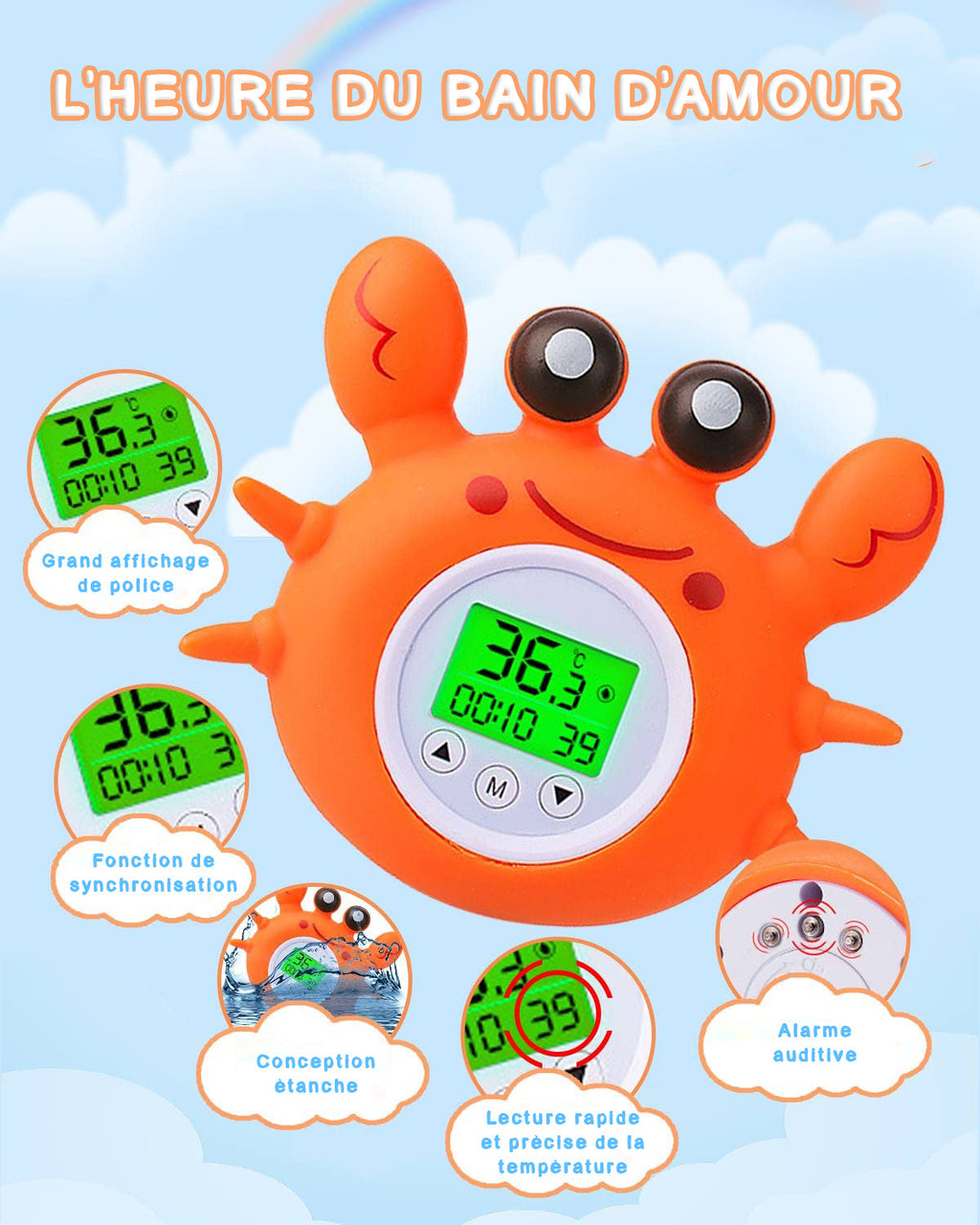 Pack Bain Bébé 3-en-1 – Fleur Lotus, Cape Polaire Corail Motif Animal & Thermomètre Crabe | TrioNest™