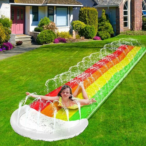Toboggan Aquatique Arc-en-Ciel 3-en-1 – Glissade, Arroseur Zigzag & Crash Pad, 480 cm, PVC | RainbowSplash by TrioNest™