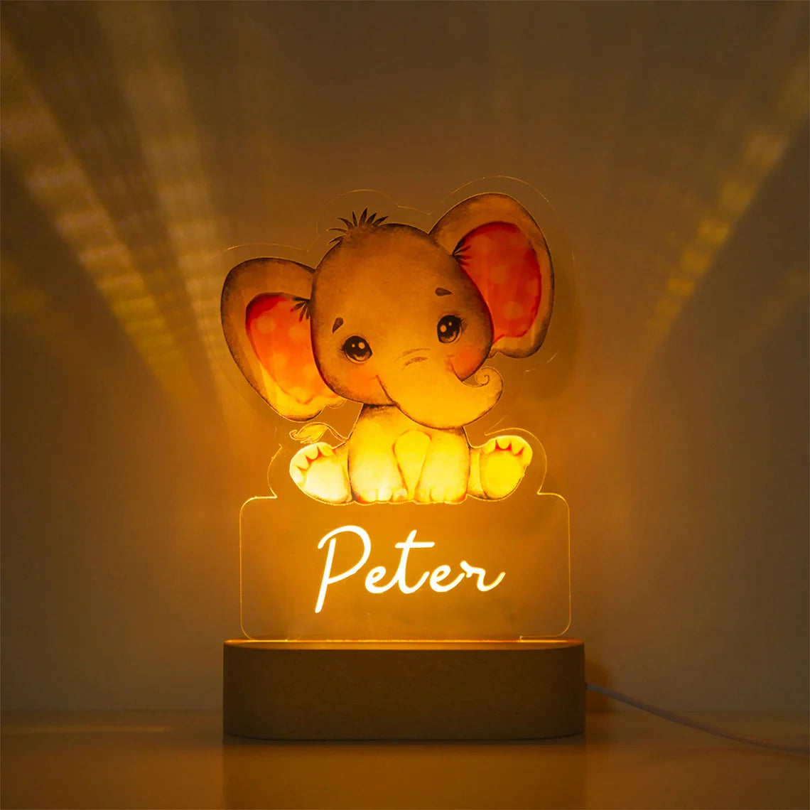 Veilleuse Bébé Personnalisée Motifs Animaux – Hologramme 3D, Socle Bois, USB | TrioNest™