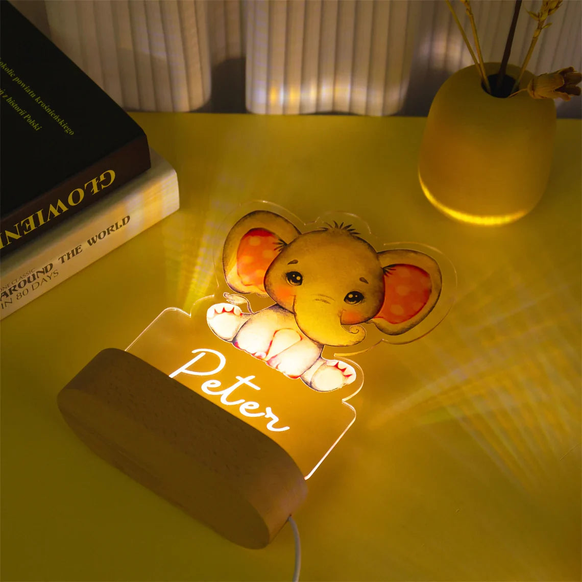 Veilleuse Bébé Personnalisée Motifs Animaux – Hologramme 3D, Socle Bois, USB | TrioNest™