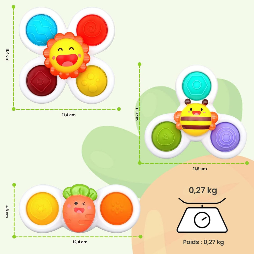Ventouse Spinner pour Bébé Pack de 3 – Dentition, Jouet Gyroscopique & Bain, Balles Sensorielles, Ventouse Silicone | TrioNest™