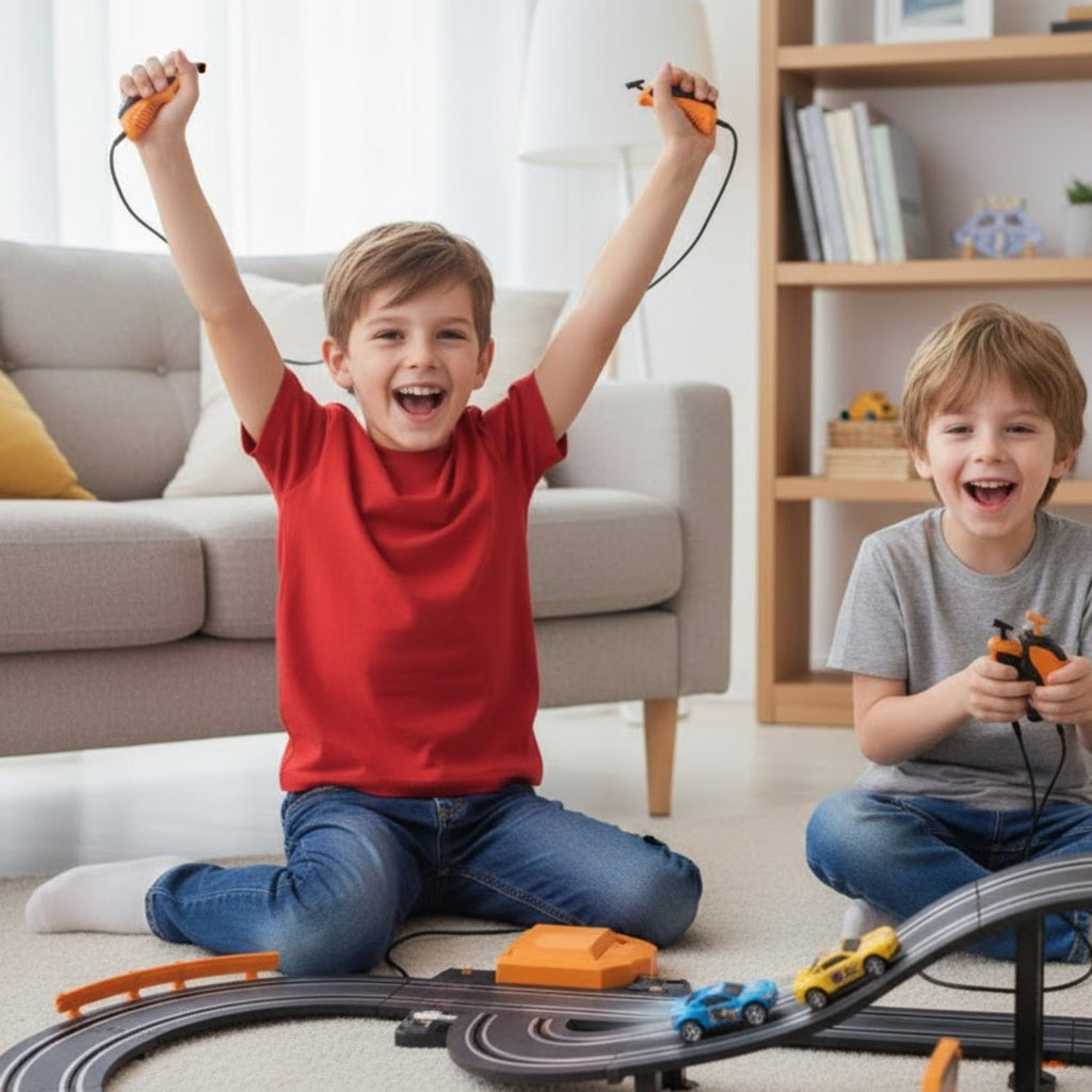 Circuit électrique Voiture 3D – Ponts, Rampes, 4 Joueurs, Modulable, CE/EN71, Dès 3 Ans | RaceTrack3D by TrioNest™