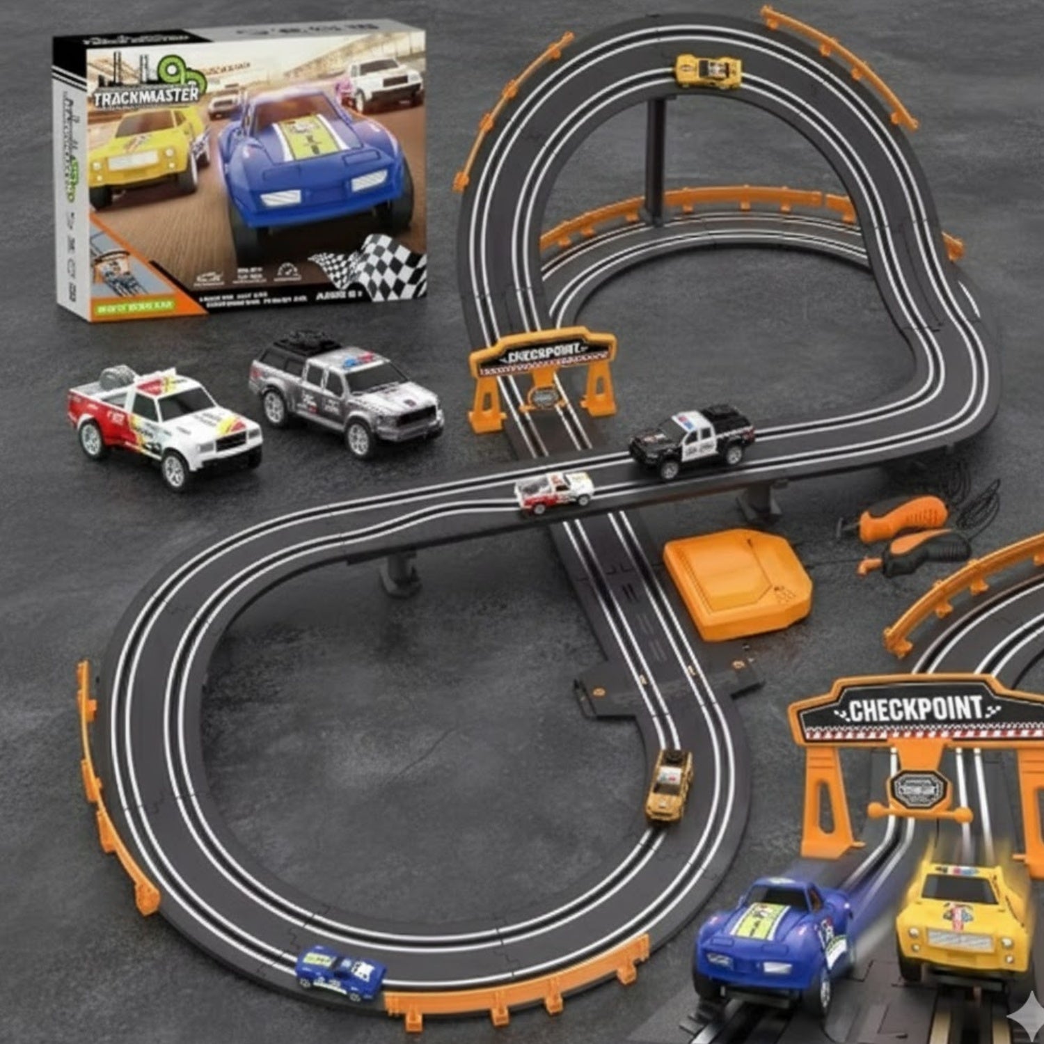 Circuit électrique Voiture 3D – Ponts, Rampes, 4 Joueurs, Modulable, CE/EN71, Dès 3 Ans | RaceTrack3D by TrioNest™